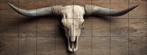 Tile mural with longhorn skull and wooden background